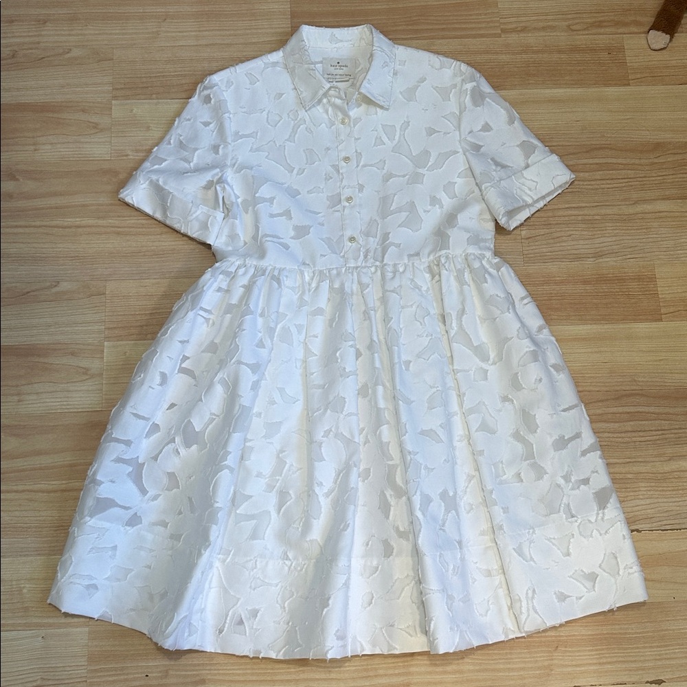 Kate Spade White Short-Sleeve Textured Floral Shirt Dress with Pockets Size 8 - Picture 6 of 7
